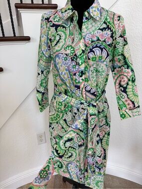 Talbots Multicolor Floral Print Shirt Dress in Green, Navy & Pink